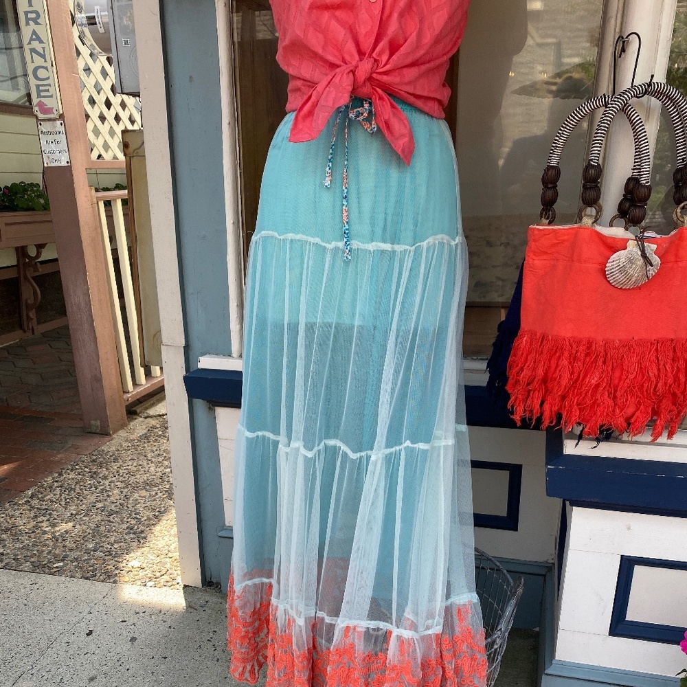 Embroidered Layered and lined Soft Tulle Maxi Skirt with Drawstring